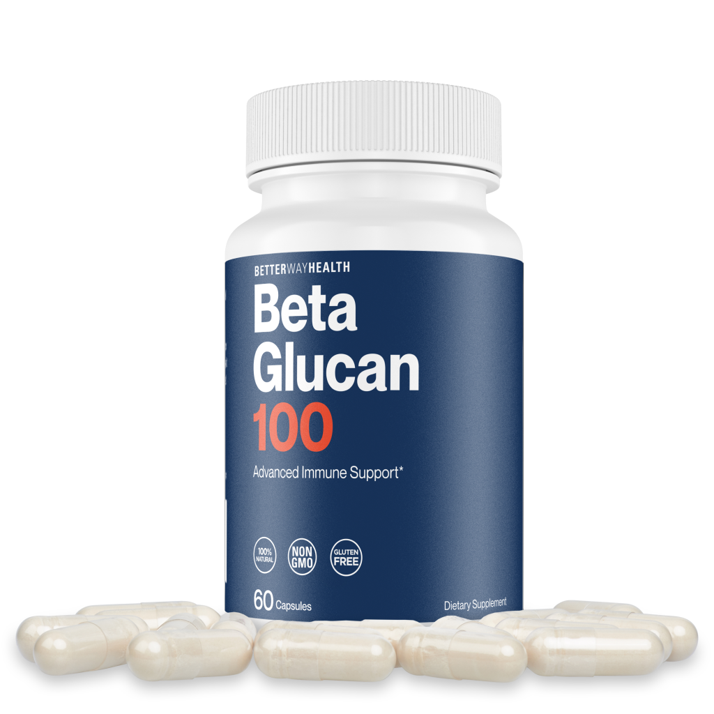 close up shot of beta glucan 100 capsules around a bottle of the product