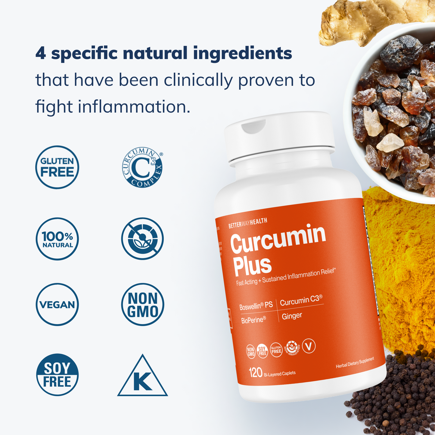 infographic showing 4 natural ingredients in curcumin plus 