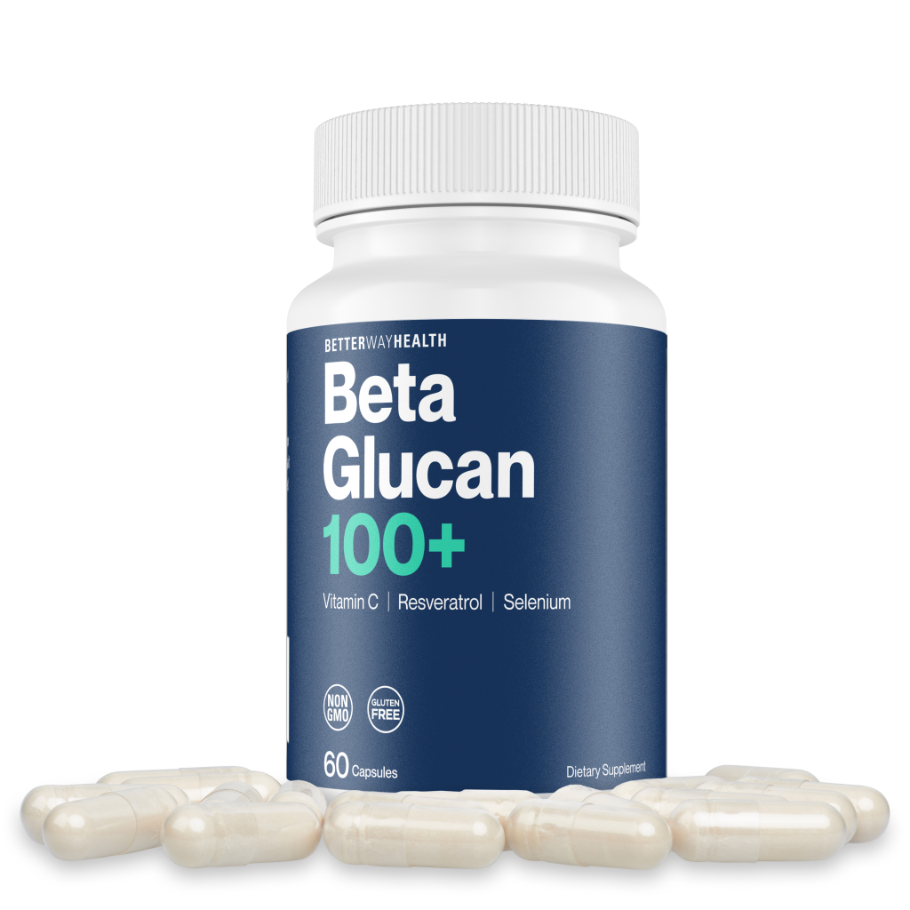 close up of beta glucan 100+ capsule supplements along with the actual bottle.