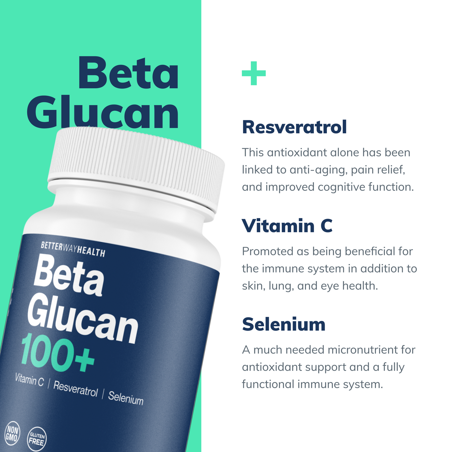 Glucan 100+ product box including details abount vitamin c, selenium and resveratrol
